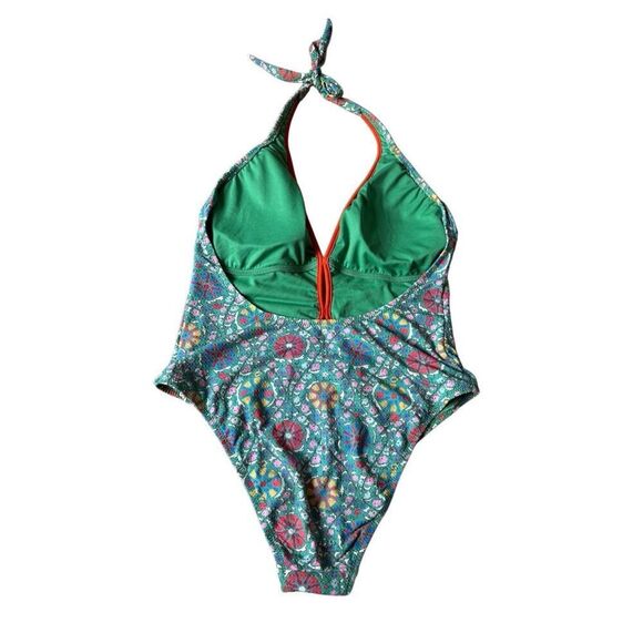Rhode Zinnia Floral Print  One Piece Swimsuit size XL Green Halter High Leg Chee - Picture 5 of 9